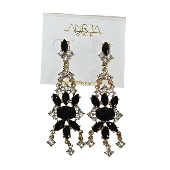 Amrita Singh Gold Plated Crystal Black Resin Chandelier Earrings NWT - Picture 1 of 3
